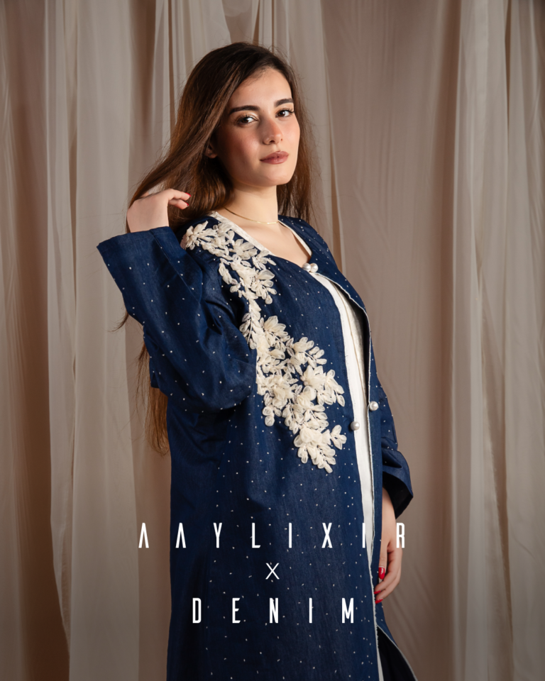 model wearing denim abaya